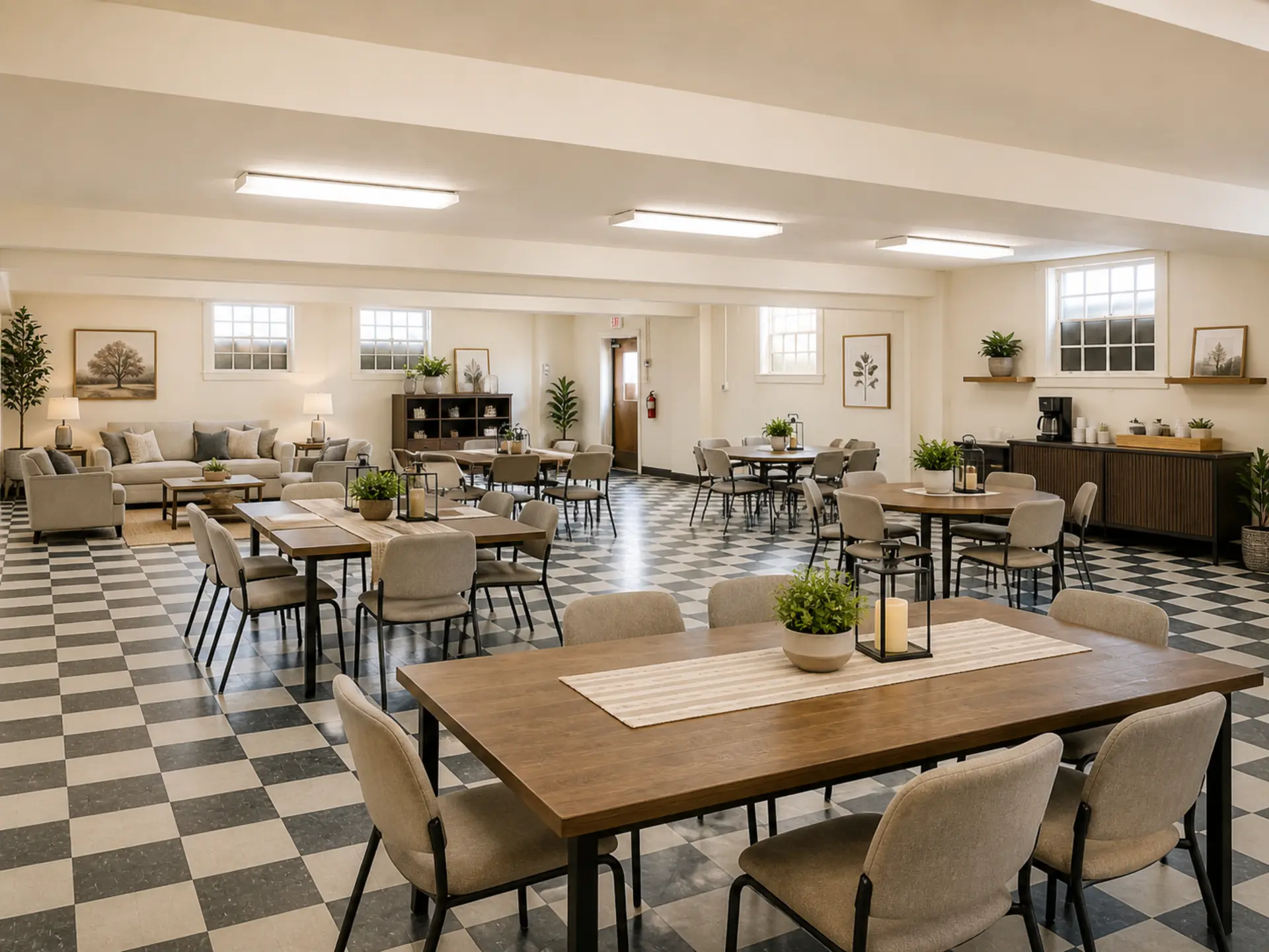 Virtually staged fellowship hall dining concept